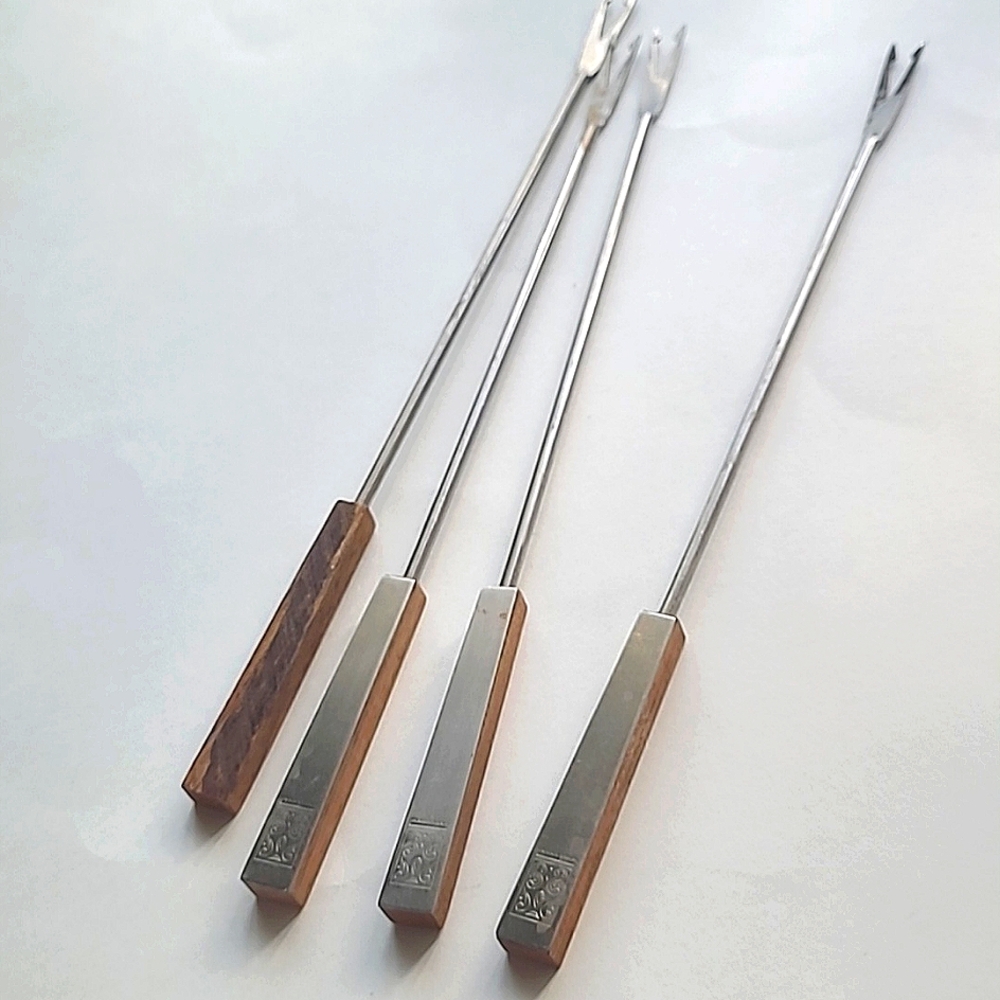 Stainless Steel and Wood Appetizer, Grill Forks, Vintage Kitchen